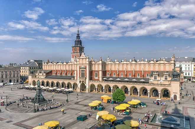 Piazza del mercato principale e Palazzo dei Tessuti a Cracovia